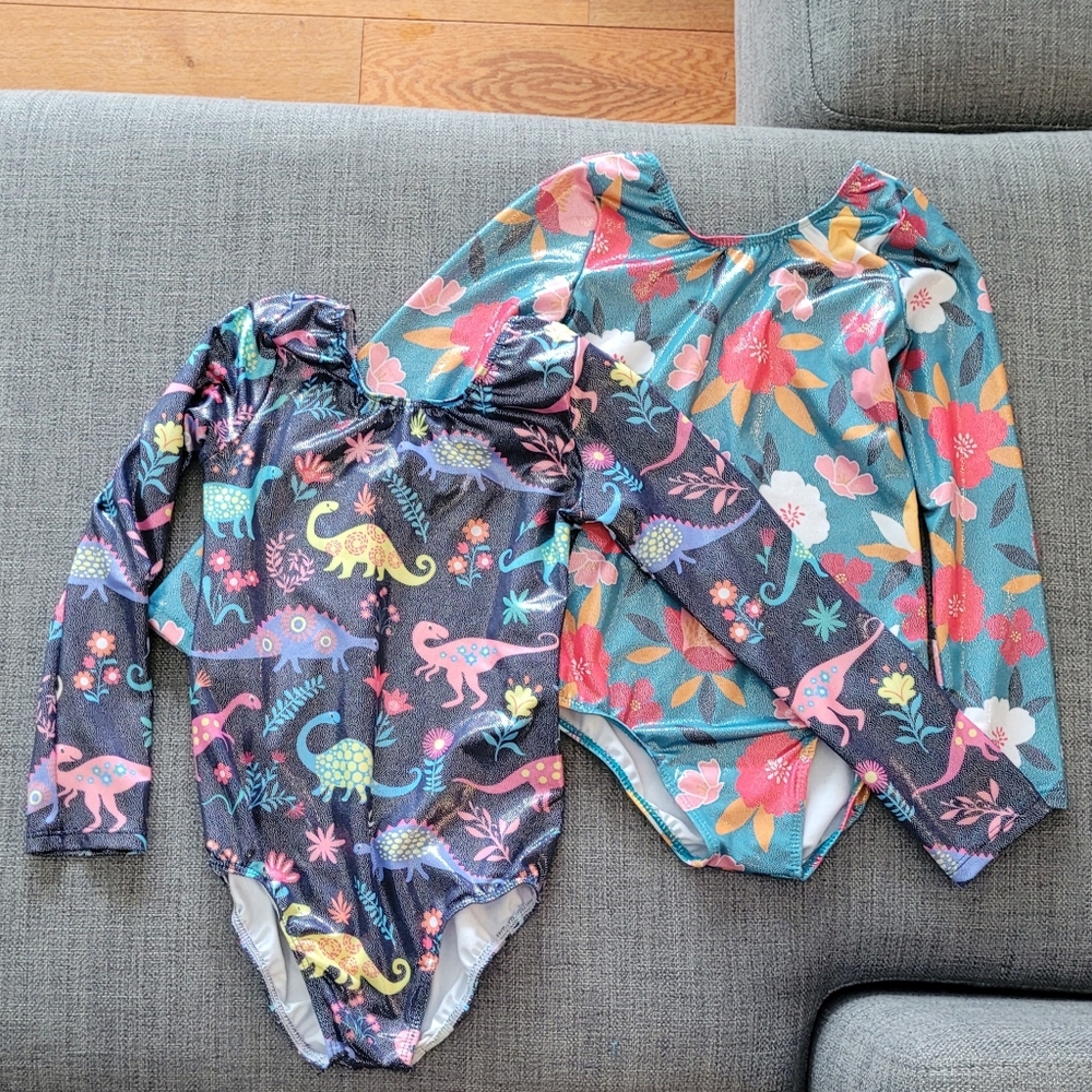 2 Girls Size 7 Colorful & Shiny Leotards-  Dinosaur and Floral Long Sleeve- Size